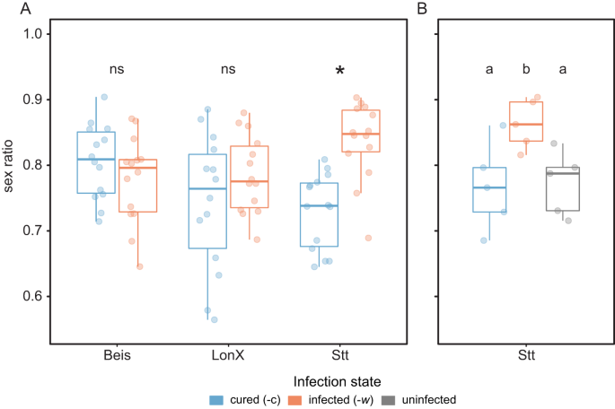 Fig. 2: Wolbachia-mediated sex allocation distortion is contingent on the host nuclear genotype.