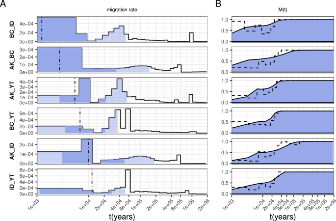 Fig. 4: Migration profiles from MSMC-IM between individuals from the extremes of species range.