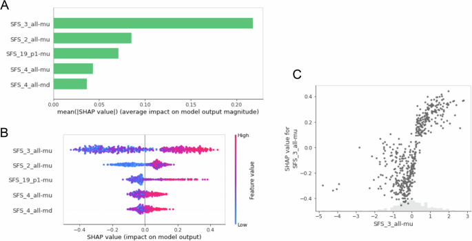 Fig. 5: SHAP-based summary statistics analysis in Split_time prediction by XGB model.
