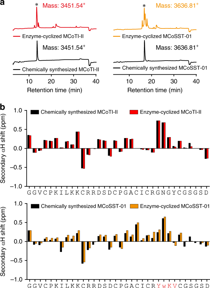 Fig. 5: Comparison of cyclic products produced via chemical synthesis or MCoAEP2-mediated enzymatic cyclization.