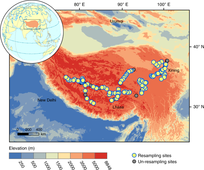 Fig. 1: Distribution of sampling sites on the Tibetan Plateau.