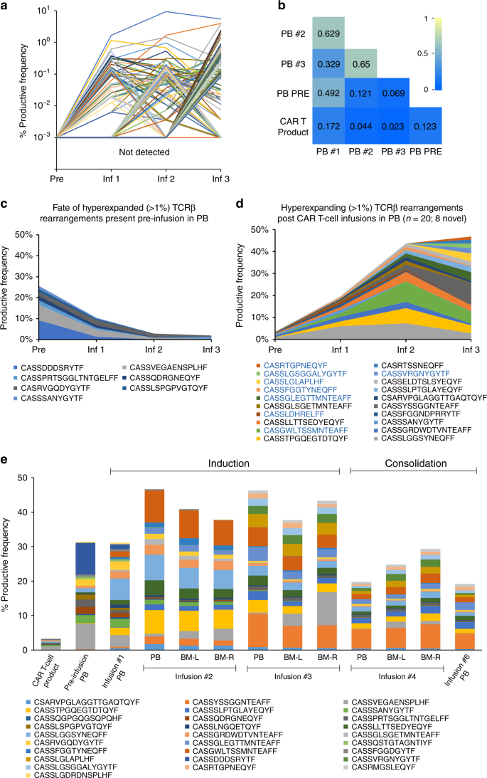 Fig. 5: Longitudinal tracking of productive TCRβ CDR3 rearrangements.