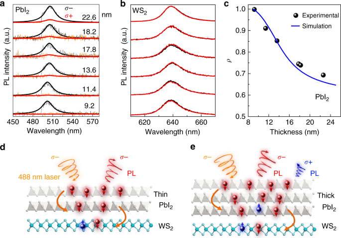 Fig. 2: Thickness-dependent spin polarization and the underlying mechanism in PbI2/WS2 heterostructures.