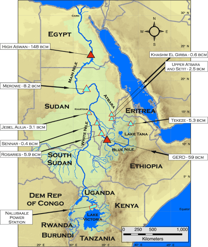 Fig. 1: Map of the Nile Basin with major infrastructure.