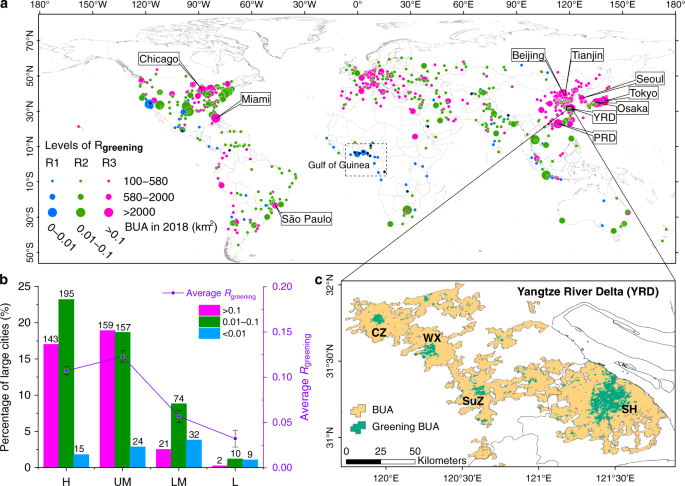 Fig. 3: Distribution of large cities with greening built-up area (BUA).
