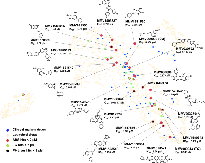 Fig. 4: Asexual blood stage active compounds from the PRB in relation to malaria clinical drugs.