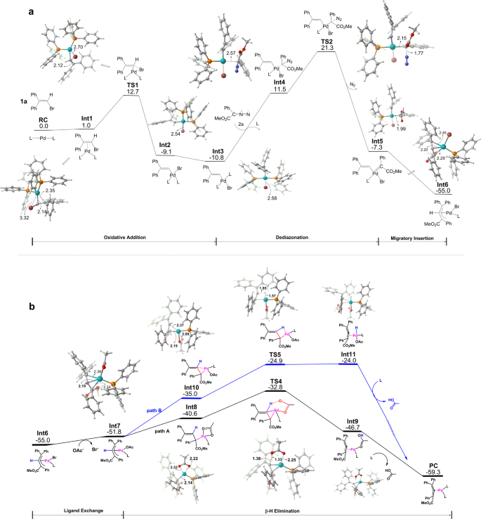 Fig. 9: Energy profiles and geometries of key species for the tentative reaction pathways.