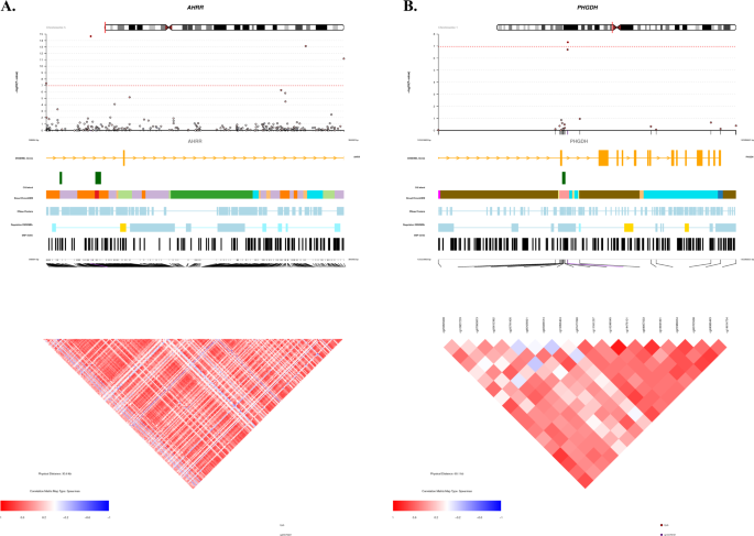Fig. 3: The CoMET plots depicting genomic regions where the CpGs annotated to AHRR (A) and PHGDH (B) are located.