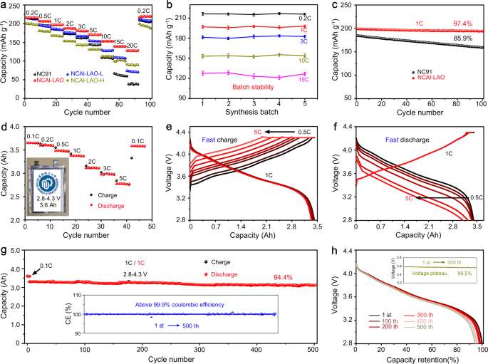 Fig. 3: Electrochemical performances of the cathodes in half-/full cells.