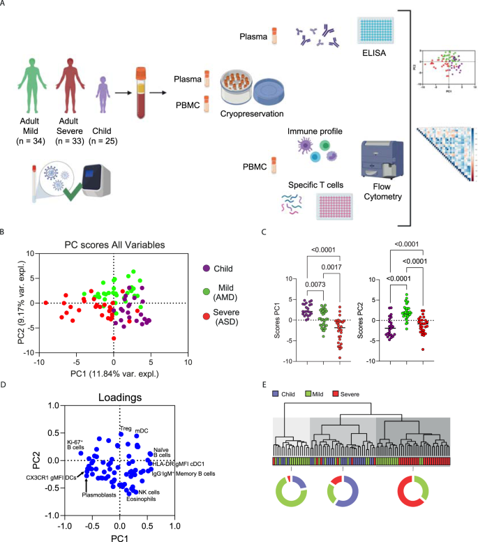 Fig. 1: Experimental approach and differential immune profile of children, mild and adult patients by principal component analysis.