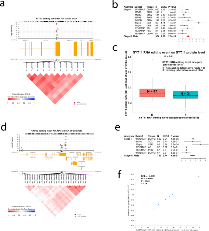 Fig. 6: Regional, forest, functional and pathway plots of SYT11 and ORAI2 RNA editing event.