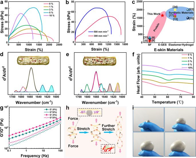 Fig. 2: Characterization of the macroscopic mechanical properties and microscopic structures of E-GES.