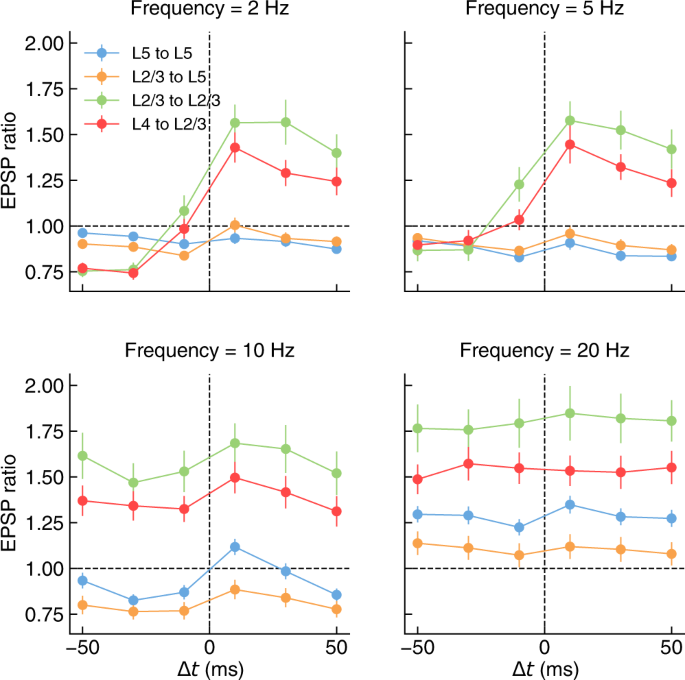 Fig. 6: Diversity of in silico STDP across stimulation frequencies and connection-types.