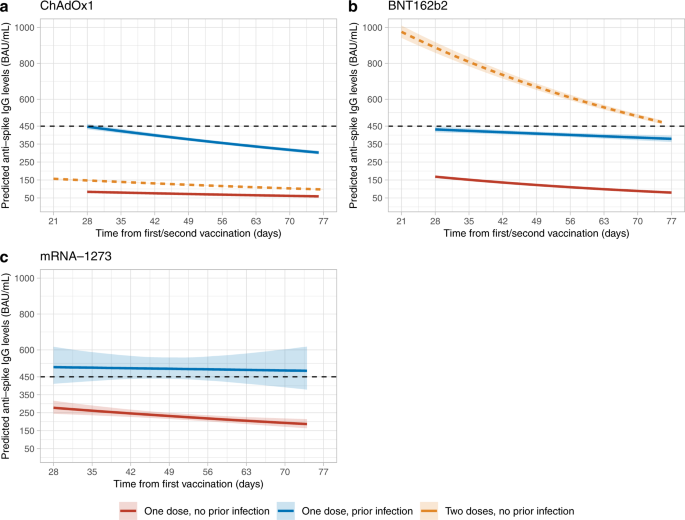 Fig. 1: Posterior predicted trajectories (95% credible interval) of anti-spike IgG levels from 28 days post-first dose by prior infection status.