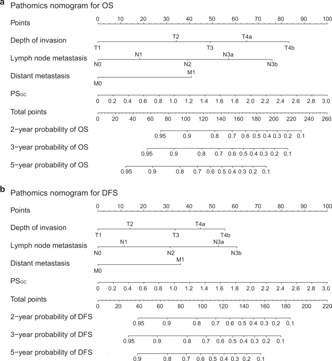 Fig. 3: Pathomics nomograms for the prediction of OS and DFS.