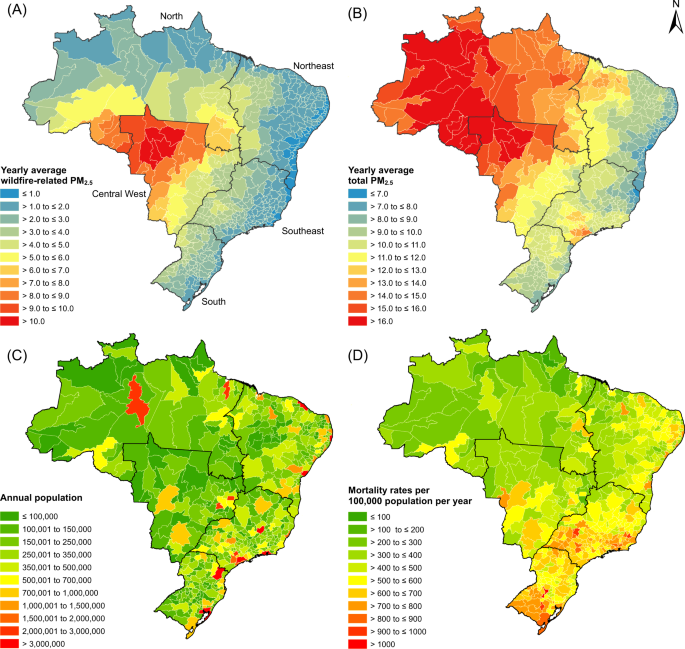 Fig. 1: Spatial variations in air pollutants, population, and mortality rates in Brazil.