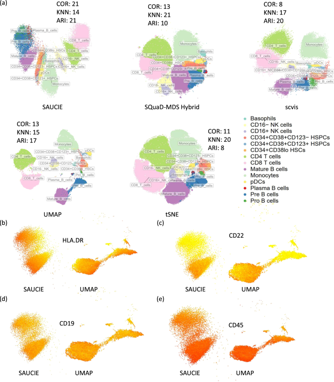Fig. 4: Visualizing DR results for the Levine32 dataset.