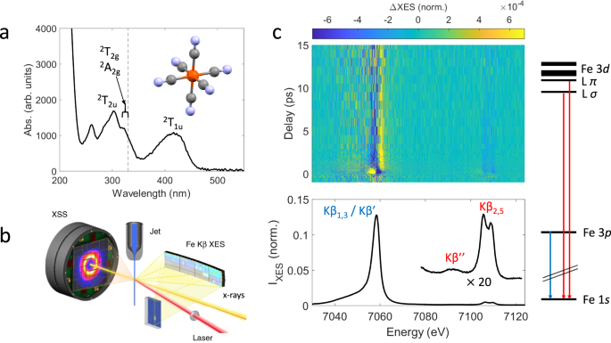 Fig. 1: Photoinduced dynamics of aqueous ferricyanide observed with femtosecond x-ray emission spectroscopy and scattering.