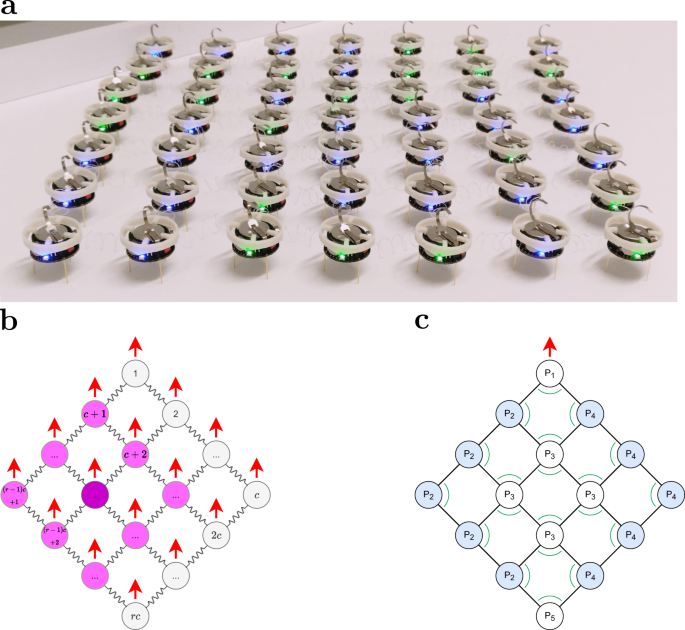 Fig. 1: The Kilobot Soft Robot comprises a group of fully autonomous Kilobot modules that are arranged in a square lattice configuration and mechanically coupled via elastic links.