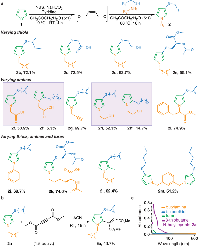 Fig. 3: Substrate scope of furan-thiol-amine (FuTine) multicomponent reaction (MCR) for the synthesis of small N-pyrrole molecules.