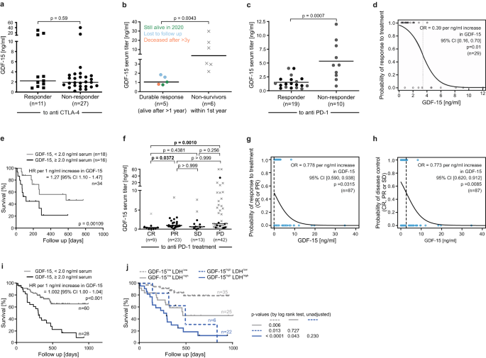 Fig. 6: In human melanoma patients GDF-15 serum levels predict response to and survival under therapy with anti-PD-1 antibodies.