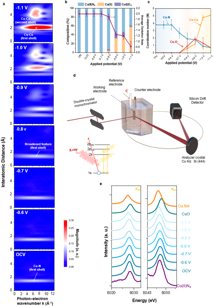 Fig. 2: In situ X-ray spectroscopy analysis of N–Cu SAC during CO2RR.