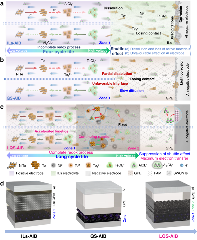 Fig. 1: Scheme illustration of mechanism and structure of ILs-, QS- and LQS-AIBs.