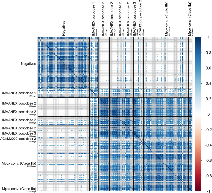 Fig. 2: Pearson correlation matrix of VACV and MPXV antigens in those vaccinated or MPXV-infected.