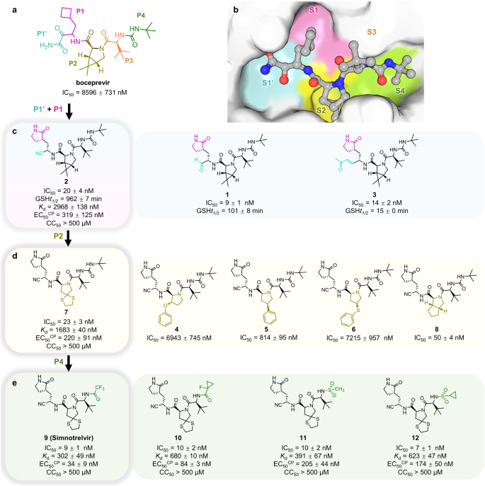 Fig. 1: Design strategy, chemical structures, and in vitro biochemical and antiviral activities of SARS-CoV-2 3CLpro inhibitors.