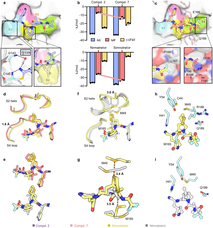 Fig. 2: Crystal structures and thermodynamic profiles of the inhibitors binding to SARS-CoV-2 3CLpro.
