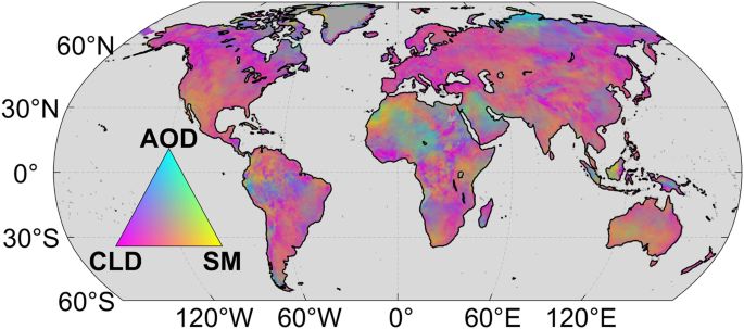 Fig. 3: Cyan-magenta-yellow (CMY) composite of diurnal temperature range (DTR) sensitivity.