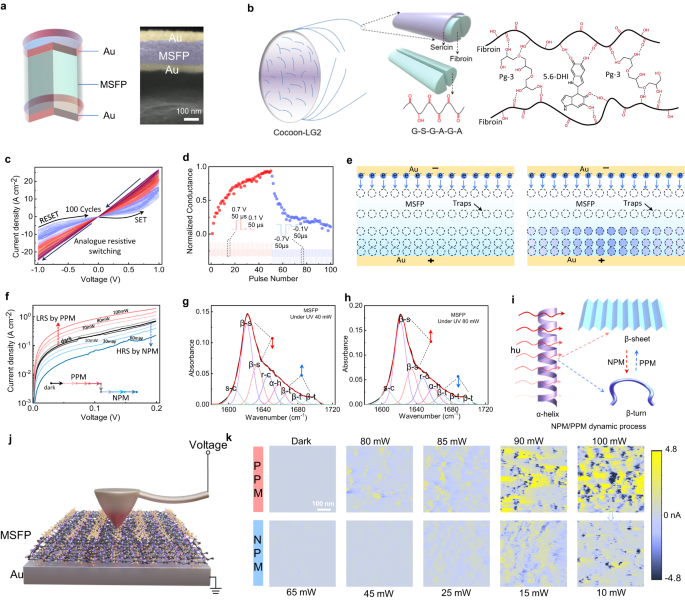 Fig. 2: Multimodal analogue resistive memory: electrical resistive switching (ERRAM mode) and pure optically controlled NPM/PPM switching (ORRAM mode).