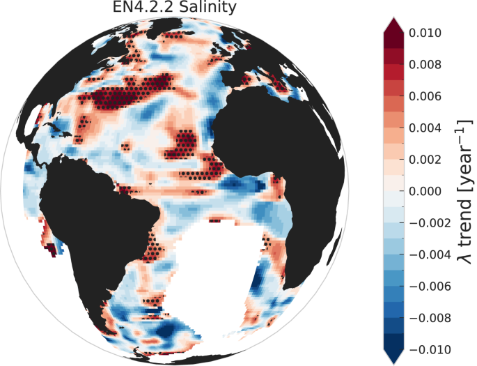 Fig. 5: Statistical significance of trends of the restoring rate λ calculated from the EN4.2.2 salinity dataset.