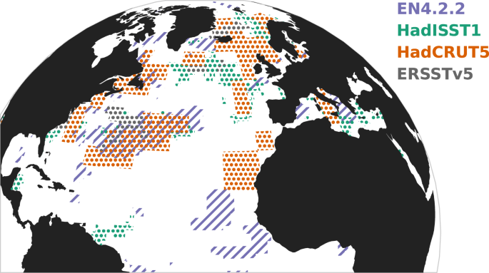 Fig. 6: Regions in the North Atlantic with a statistically significant increase in the restoring rate λ for sea-surface temperatures (SSTs) and salinity concentrations.