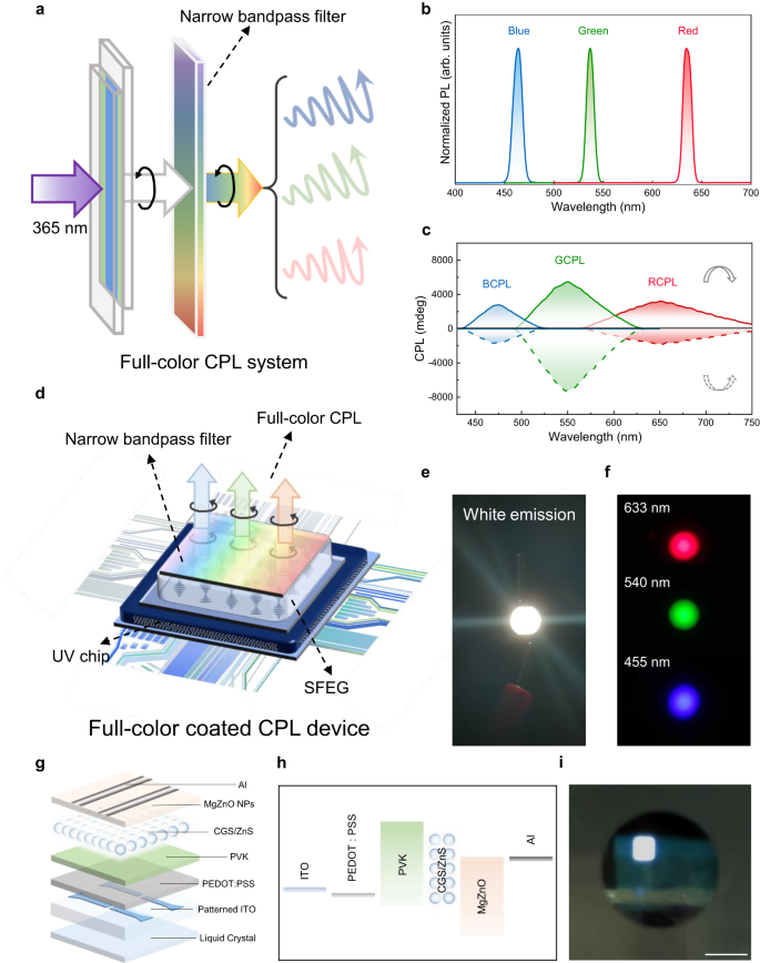Fig. 3: Schematic illustration showing the visualized, customized-color circularly polarized luminescence (CPL) and CPL device fabrication.