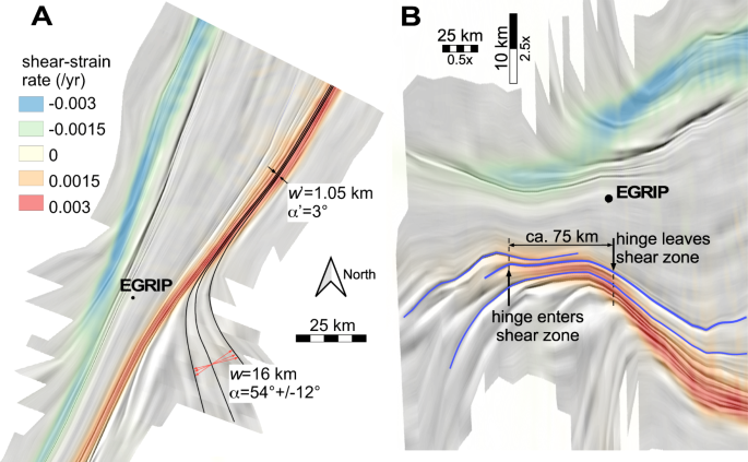 Fig. 5: Folded isochrone horizon as a hillshade with overlay of shear strain rate.