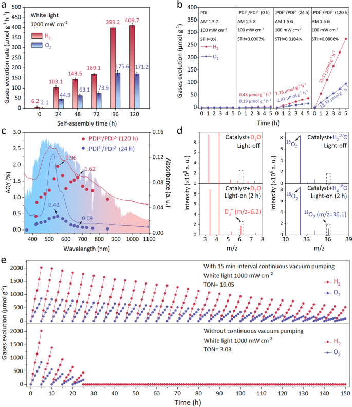 Fig. 4: Photocatalytic overall water-splitting over :PDI2−/PDI2− organic semiconductor catalysts.