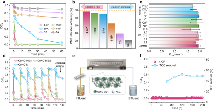 Fig. 6: Decontamination performances of the CoNC-MSi1 /PMS system under environmental-relevant conditions.
