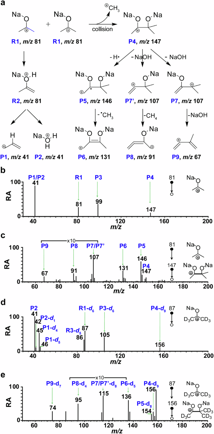 Fig. 4: Reaction and dissociation of sodiated acetone (R1, m/z 81) and sodiated acetone-d6 (R1-d6, m/z 87) in the gas phase.