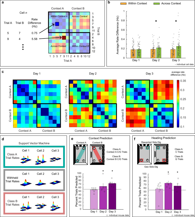 Fig. 7: Firing rate predicts context and reorientation behavior by integrating featural and geometric information.