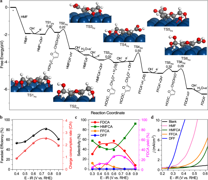 Fig. 1: The mechanism and catalytic performance of pristine Pd catalyst for HMFOR.
