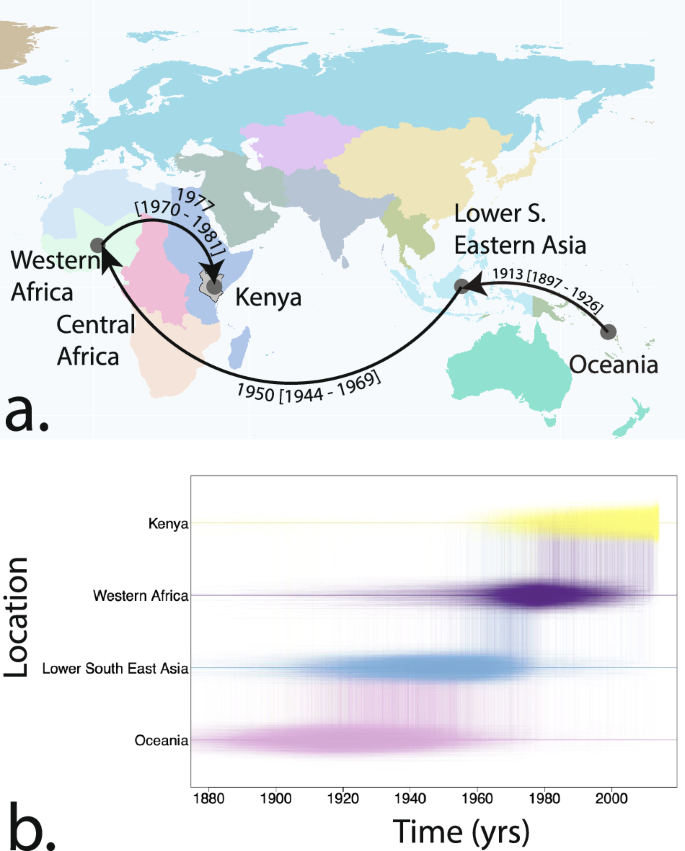 Fig. 4: Global geographic history of DENV-2 lineage 1 detected in Kenya.