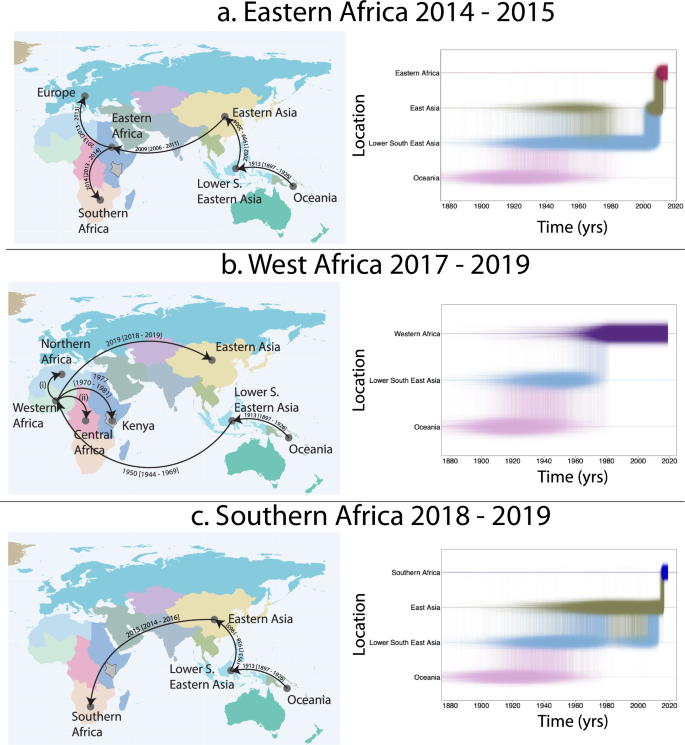 Fig. 7: Geographic history of DENV-2 lineages causing major recent outbreaks in West Africa (Burkina Faso, Senegal—2016−2019), Eastern Africa and Southern Africa (Angola—2017−2019).