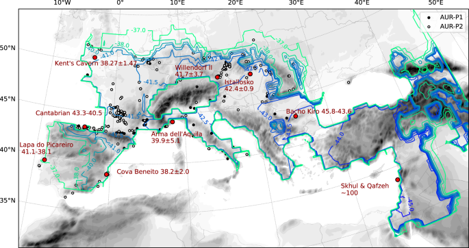 Fig. 2: Contours of the arrival time of human expansion in ka, defined by population density reaching 0.4 P 100 km−2 for the first time.