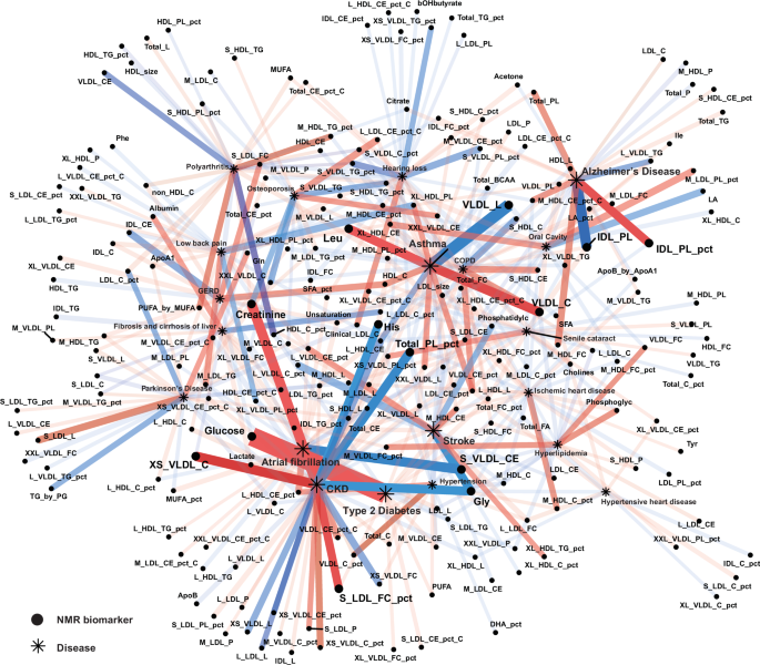 Fig. 2: 439 candidate pairs of causal relationships between 213 NMR biomarkers and 20 aging-related diseases identified in multivariable Mendelian randomization (MVMR) analysis.