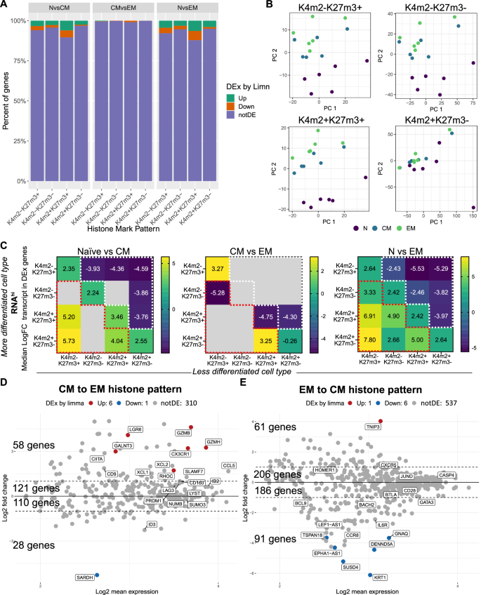 Fig. 4: Transitional states in histone mark patterns improve subset identification by RNA-seq and reveal genes associated with T cell differentiation that are not differentially expressed.