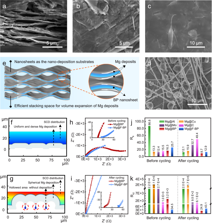 Fig. 3: Mg plating behavior and the stability of Mg@BP composite negative electrode.