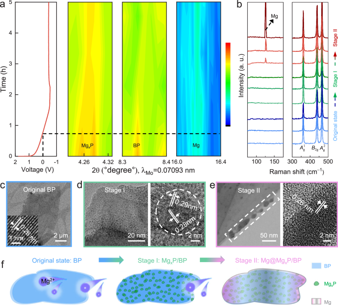 Fig. 4: In/ex situ experiments to discover the constructing process of the Mg@BP composite negative electrode.