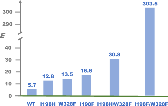 Fig. 5: Measured E values of biocatalysis toward substrate 1a by amidase variants.