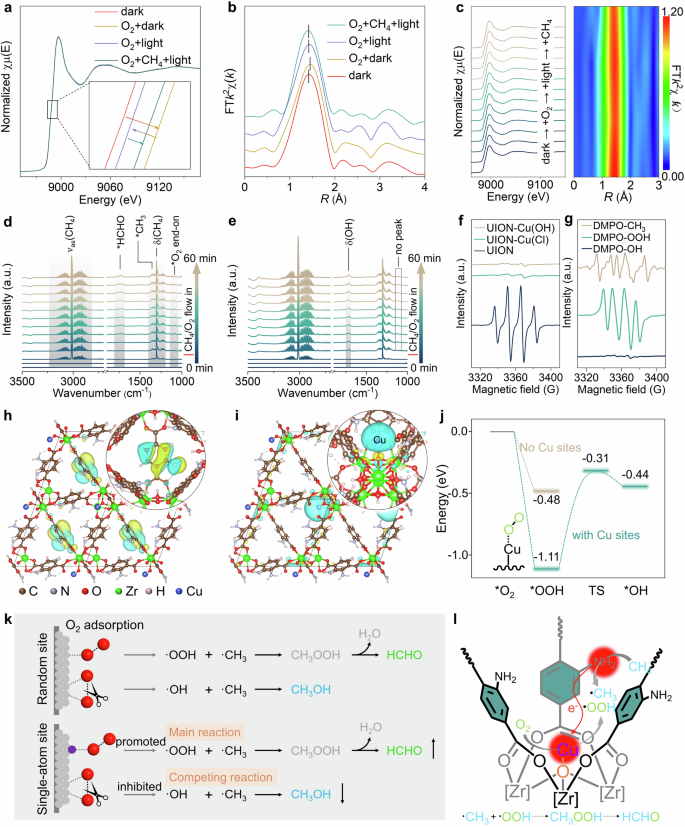 Fig. 5: Investigation of the active sites and reaction mechanism for the photo-oxidation of CH4 to HCHO.